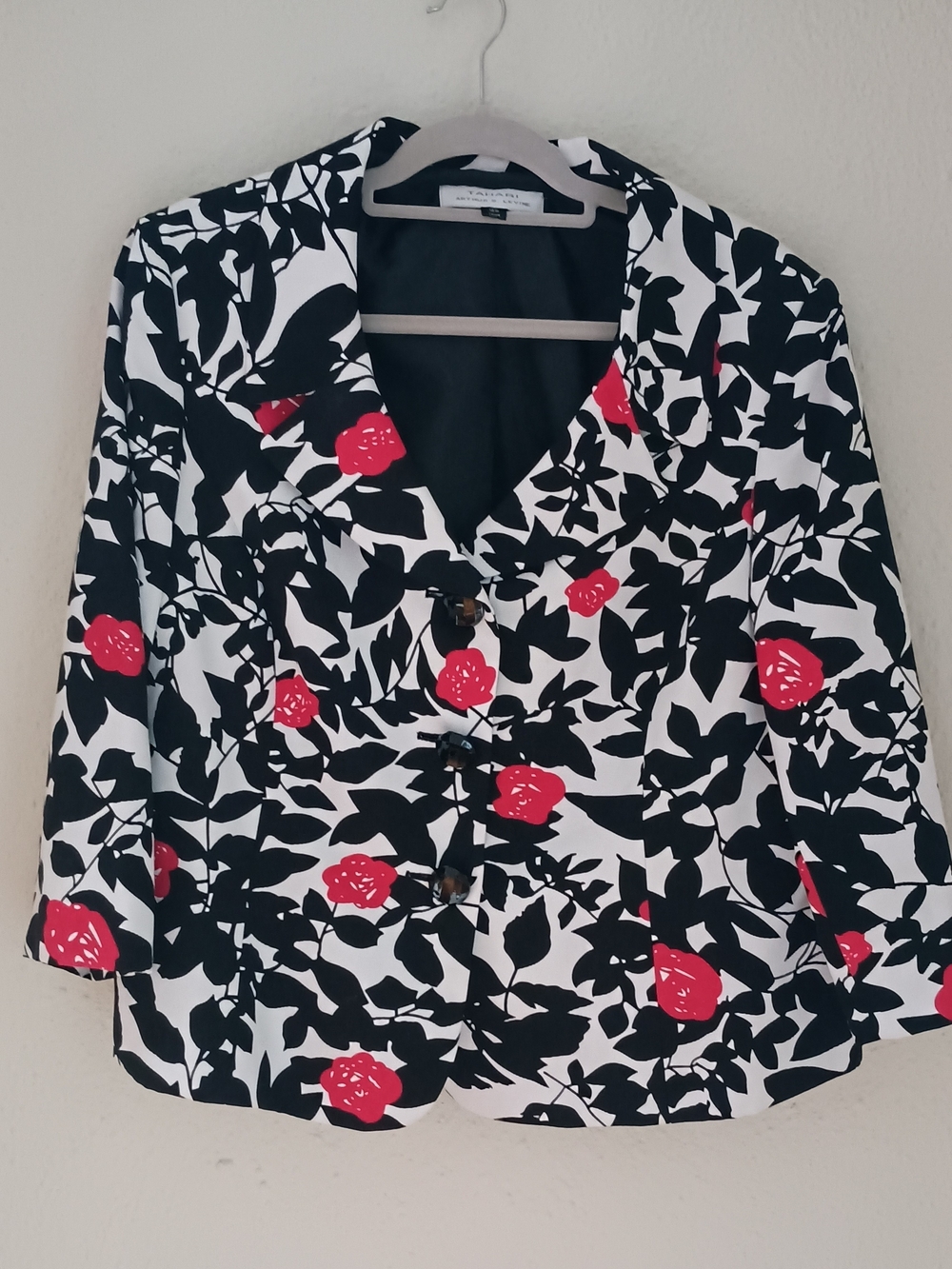 Tahari Black & White Floral Blazer with Red Accents